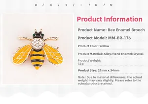 Detailed size chart and specifications of yellow enamel honey bee brooch with rhinestones