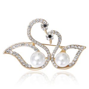 Elegant Double Swan Brooch Alloy Rhinestone Inlaid Faux Artificial Pearl Breastpin Gold Silver Finish Fashion Jewelry For Women Gift