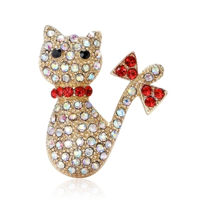 Exquisite Alloy Cat Brooch With Rhinestone Bow And Artificial Pearl Accent Cute Hollow Animal Pin Fashion Jewelry For Women