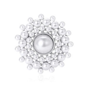 Élégante broche ronde en perles avec grande perle blanche centrale et base argentée