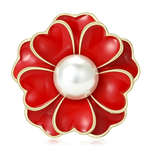 Broche de Flor de Camelia de Aleación de Esmalte Con Perla Artificial de Imitación Elegantes Pétalos de Corazón para Mujer Joyería