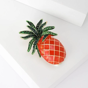 Cute red pineapple brooch with green crystals and gold grid lines for women's clothing