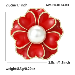 Broche de peonía roja a la moda con perla, tamaño de 2,8 cm y un peso de 8,3 g