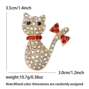 Exquisite gold cat brooch with colorful rhinestones, red bow, and pearls (3.5x3.0cm)