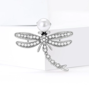Elegant dragonfly pearl brooch with sparkling crystals and silver plated finish