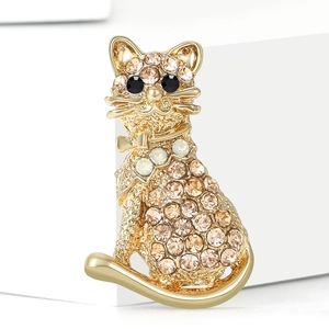 Détail de la broche chat avec strass champagne et opale sur un support blanc pur