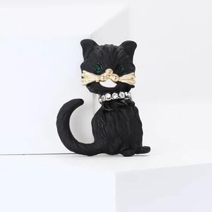Cute Black Enamel Cat Brooch Alloy Animal Breastpin With Rhinestone Green Eyes Fashion Jewelry Accessories For Women