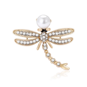 Elegant Dragonfly Brooch For Women Alloy Faux Artificial Pearl Rhinestone Pin Simple Fashion Jewelry For Suit Scarf Shawl Accessories