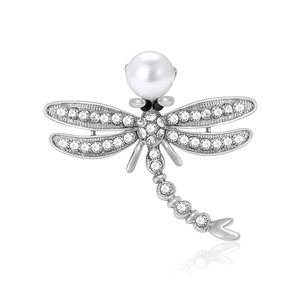 Elegant silver dragonfly brooch with white pearl and sparkling crystal rhinestones