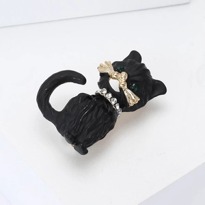 Cute black cat enamel brooch with green gem eyes and white rhinestone collar detail