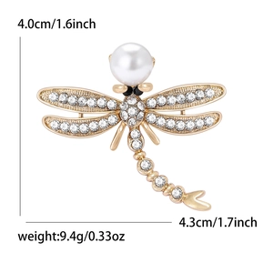 Elegant gold dragonfly brooch with white pearl and rhinestones 4.3cm x 4.0cm size
