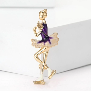 Artistic gold-tone enamel brooch featuring a purple and cream rhythmic gymnastics girl