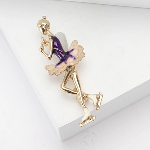 Creative enamel rhythmic gymnastics girl brooch with gold alloy and purple glaze