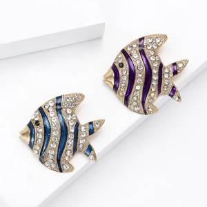 Elegant pair of fish-shaped brooches with colorful enamel stripes and sparkling crystals