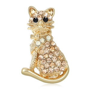 Broche en Alliage Forme de Chat Mignon avec Strass pour Femme Design Animal Élégant Plaqué Or Argent Bijoux de Mode Cadeau
