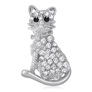 Broche chat scintillante en alliage argenté avec strass et yeux en pierres noires