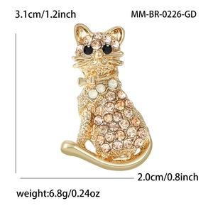 Broche chat dorée avec strass champagne et dimensions détaillées 3,1x2,0 cm