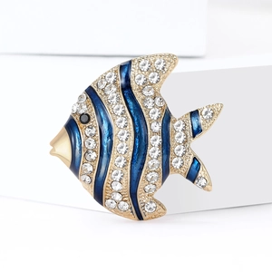 Elegant gold tropical fish brooch with blue enamel stripes and shimmering rhinestones