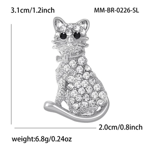Broche chat en argent scintillant avec strass blancs et yeux noirs pour la mode féminine