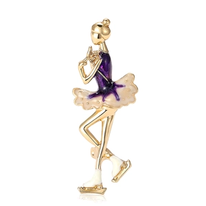 Elegant enamel rhythmic gymnastics girl brooch with gold plating and purple finish