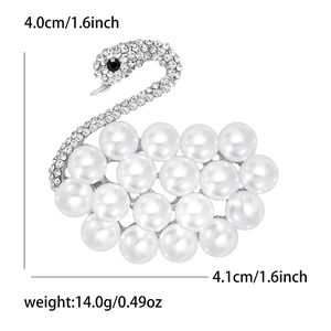 Détails de la broche cygne avec perles et strass incluant dimensions et poids exacts