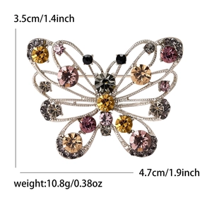 Sparkling butterfly brooch with colorful rhinestones in silver finish, size 4.7x3.5cm
