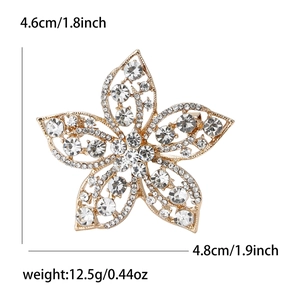 Detail showing dimensions of rhinestone flower brooch at 4.6cm by 4.8cm with weight 12.5g