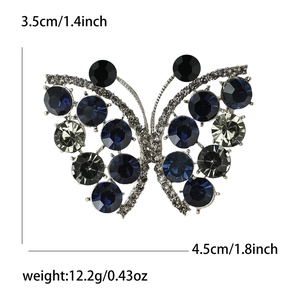 Detailed dimension view of butterfly rhinestone brooch with size measurements and weight info