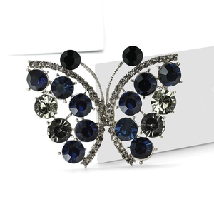 Elegant butterfly brooch in silver alloy with blue and black rhinestones and crystals