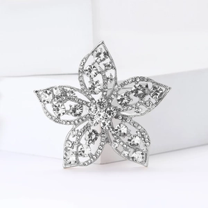 Elegant silver alloy five-petal flower brooch with sparkling clear rhinestone crystal inlay