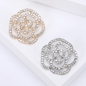Lussuosa Spilla in Lega con Strass a Forma di Camelia Fiore Cavo Elegante Spilla Placcata Oro Argento per Abiti da Donna Gioielli per Feste