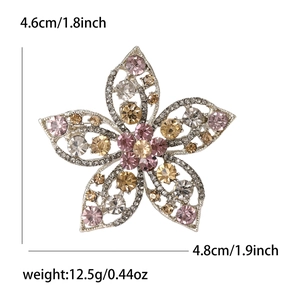 Elegant silver alloy flower brooch with colorful rhinestones and 4.8cm width dimensions