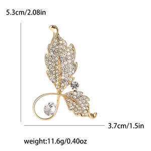 Broche élégante en forme de feuille avec strass et perles, taille 5,3cm x 3,7cm