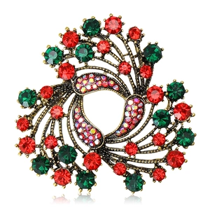 Vintage Round Peacock Feather Rhinestone Brooch Pin For Women Antique Gold Silver Plated Crystal Christmas Jewelry Gift