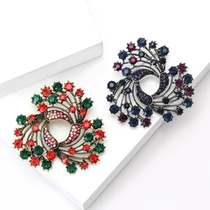 Elegant peacock rhinestone circular brooches in red-green and blue-purple color schemes