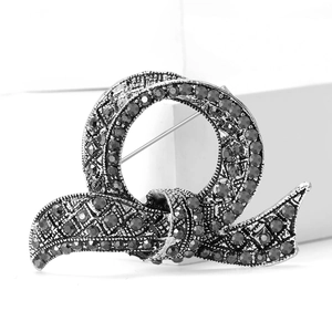 Luxury bow ribbon brooch in vintage silver metal with dark grey rhinestones for women
