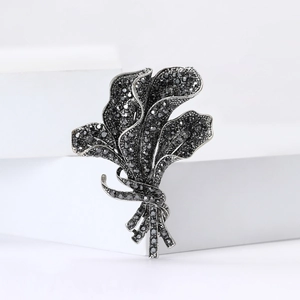 Vintage gun-black orchid flower bouquet brooch with sparkling rhinestones for women