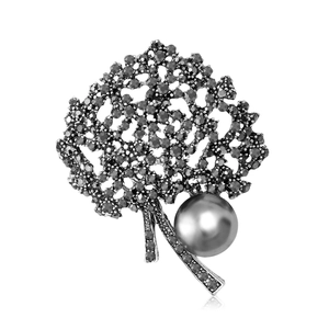 Vintage Alloy Tree Brooch With Dark Grey Rhinestones And Large Artificial Pearl Elegant Jewelry For Women Wedding Banquet Suit Accessory