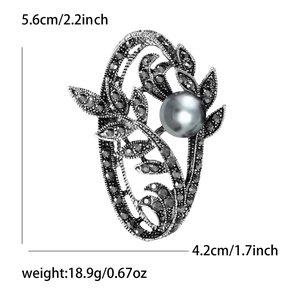 Vintage antique silver flower brooch with grey pearl and black rhinestones, size 5.6x4.2cm
