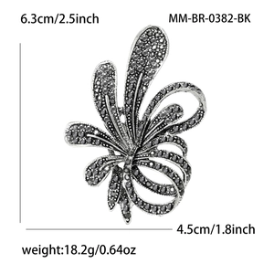 Vintage silver flower brooch with black rhinestones, size 6.3cm x 4.5cm for women