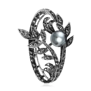 Vintage Alloy Grey Artificial Pearl Black Rhinestone Flower Brooch Antique Silver Vine Hollow Brooch For Women Elegant Party Jewelry