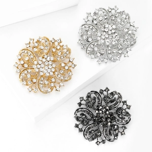 Luxury floral alloy brooches with sparkling rhinestones in gold, silver and black finish