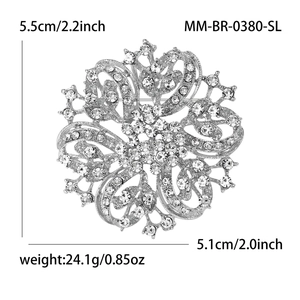 Elegant floral rhinestone brooch in silver alloy with size and weight measurements