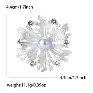 Elegant silver matte flower brooch with pearl center and crystals for sweaters