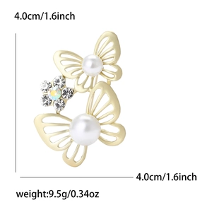Broche papillon dorée avec perles et cristaux de 4,0 cm pour femmes élégantes