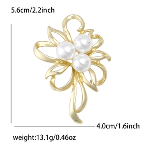 Elegant gold flower brooch with white pearls, minimalist matte finish for women sweaters