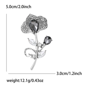 Elegant silver alloy flower brooch with rhinestones and grey crystal center for women
