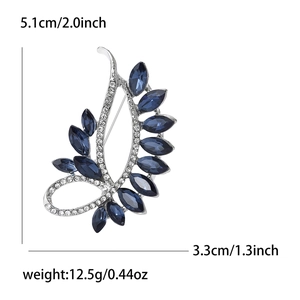Elegant leaf-shaped brooch with blue crystals and white rhinestones on silver alloy base