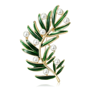 Broche Élégante Feuille de Plante en Émail Vert Plaqué Or Avec Künstliche Perle d'Imitation Blanche et Tige en Argent Sterling 925 Femme