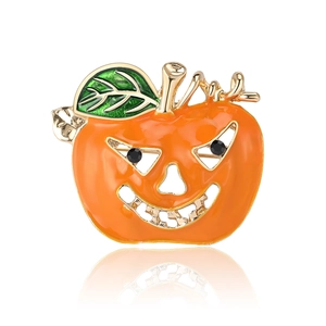 Broche citrouille en émail orange avec feuille verte et yeux en zircon pour Halloween